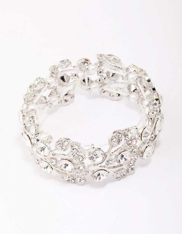 Silver Diamante Pearl Stretch Bracelet