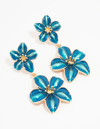 Gold Double Blue Flower Drop Earrings - link has visual effect only