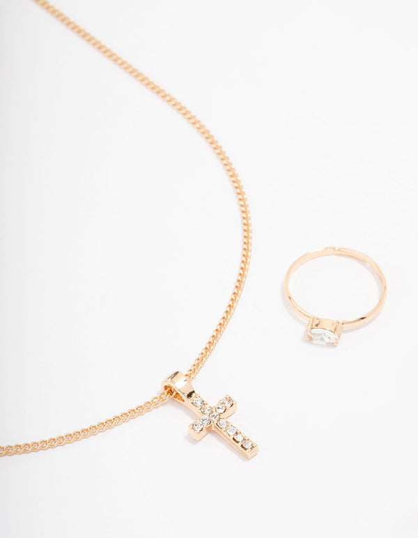 Gold Bling Cross Jewellery Set