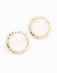 Gold Round Diamante Pearl Stud Earrings - link has visual effect only