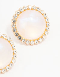 Gold Round Diamante Pearl Stud Earrings - link has visual effect only