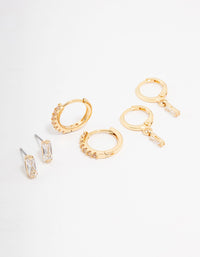 Gold Plated Baguette Stud & Huggie Earring 3-Pack - link has visual effect only