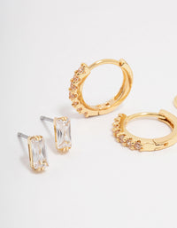 Gold Plated Baguette Stud & Huggie Earring 3-Pack - link has visual effect only