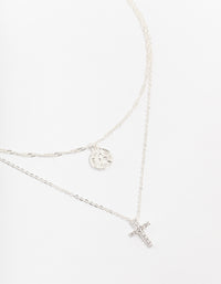 Silver Plated Cubic Zirconia Cross Coin Layered Necklace - link has visual effect only