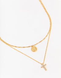 Gold Plated Cubic Zirconia Cross Coin Layered Necklace - link has visual effect only