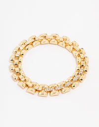 Gold Plated Brass Square Link Pave Chain Bracelet - link has visual effect only