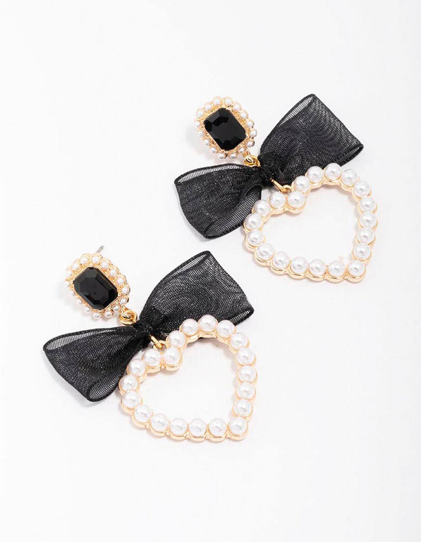 Gold Pearl Bow Heart Drop Earrings