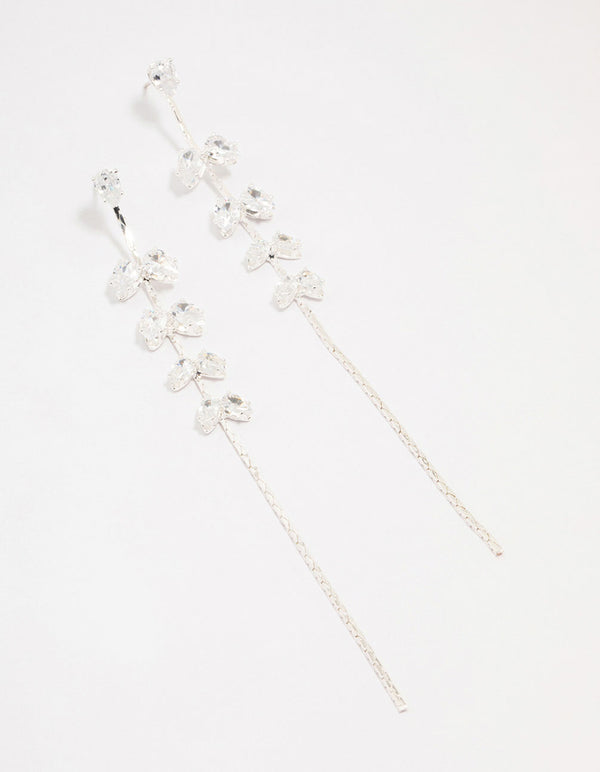 Silver Cubic Zirconia Petal Stem Drop Earrings