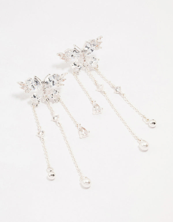 Silver Cubic Zirconia Butterfly Drop Earrings