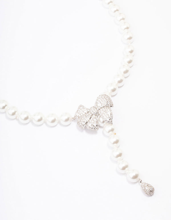 Silver Cubic Zirconia Pearl Y-Shape Necklace