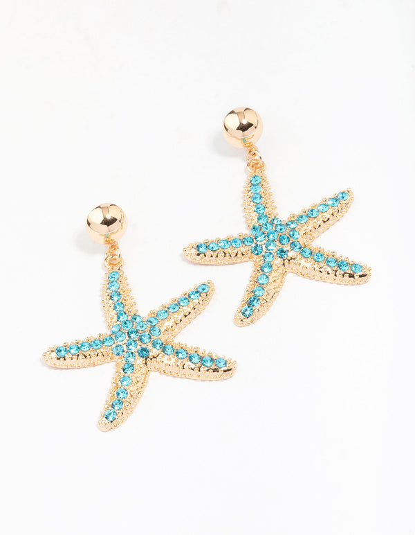 Gold Diamante Starfish Drop Earrings