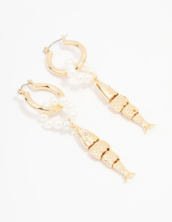 Gold Pearl Textured Fish Drop Earrings