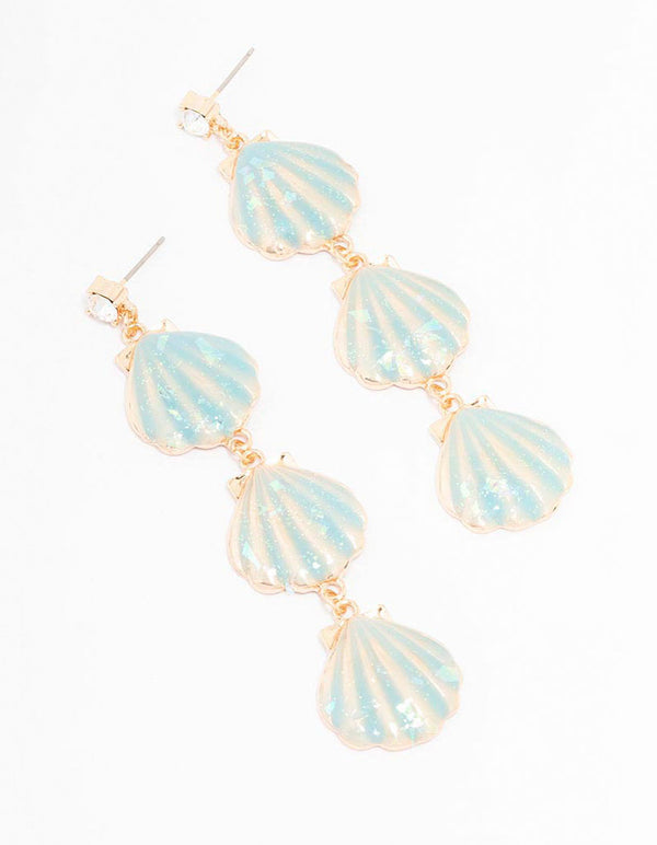 Gold Triple Row Shell Drop Earrings