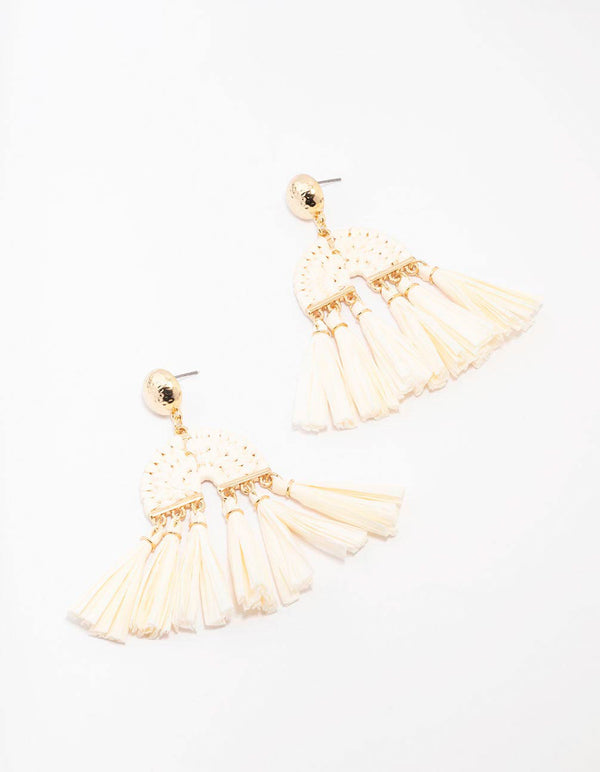 Gold Raffia Tassel Drop Earrings