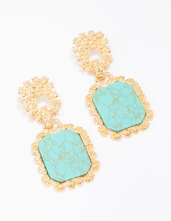 Gold Textured Oval & Square Drop Earrings