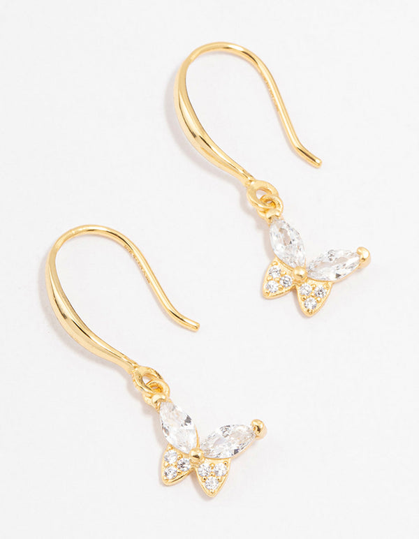 Gold Plated Sterling Silver Cubic Zirconia Butterfly Charm Earrings