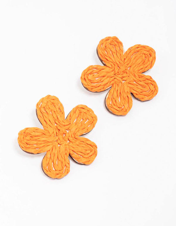 Orange Raffia Wrap Flower Stud Earrings