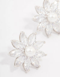 Silver Cubic Zirconia Flower & Pearl Stud Earrings - link has visual effect only