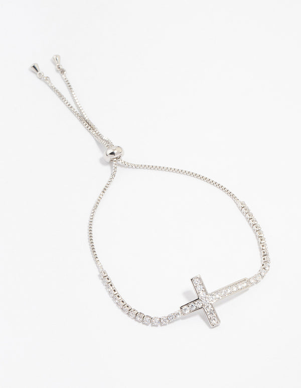 Silver Cubic Zirconia Round Cross Toggle Bracelet