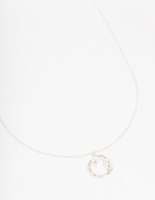 Silver Round Half Moon Pendant Necklace