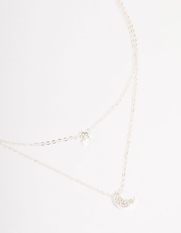 Silver Half Moon Star Double Layered Necklace