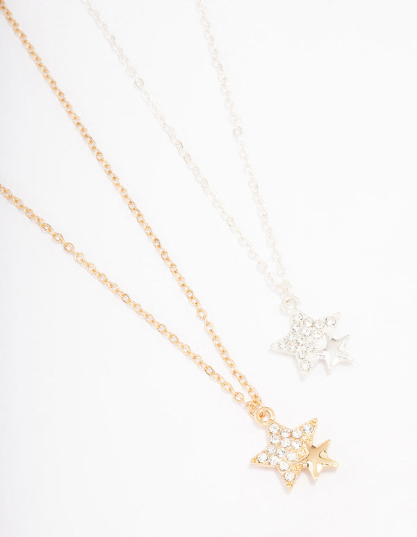 Gold & Silver Double Star Diamante Pendant Necklace Pack