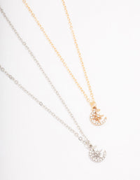 Gold & Silver Half Moon Diamante Pendant Necklace Pack - link has visual effect only