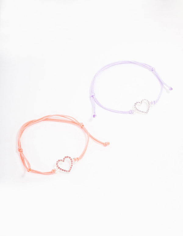 Pink & Purple Diamante Heart Cord Bracelet Pack