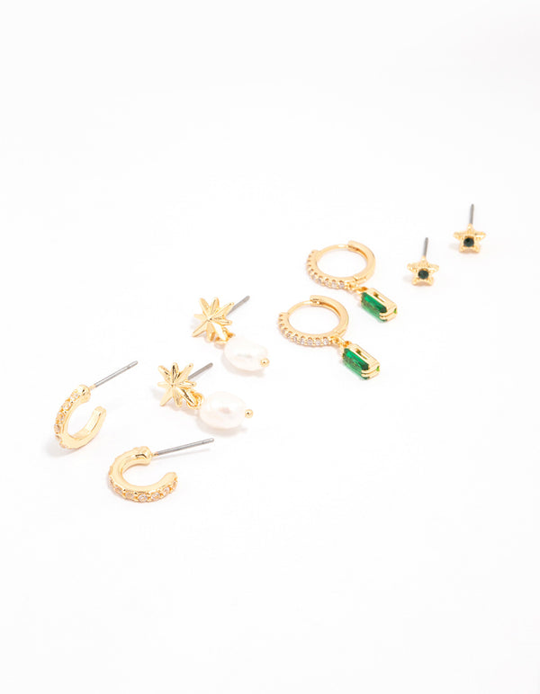 Gold Plated Cubic Zirconia Emerald Baguette Celestial Earrings 4-Pack