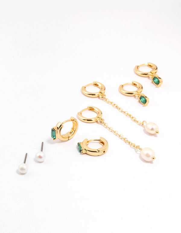 Gold Plated Oval Emerald & Freshwater Pearl Earrings 4-Pack