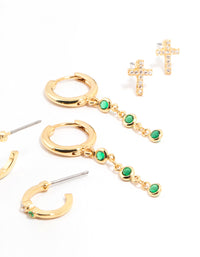 Gold Plated Emerald Cross & Round Drop Earrings 4-Pack - link has visual effect only