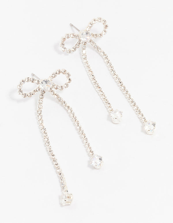 Rhodium Diamante Cupchain Bow Drop Earrings