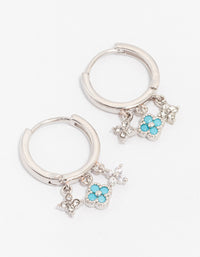 Rhodium Fine Triple Row Flower Huggie Hoop Earrings - link has visual effect only