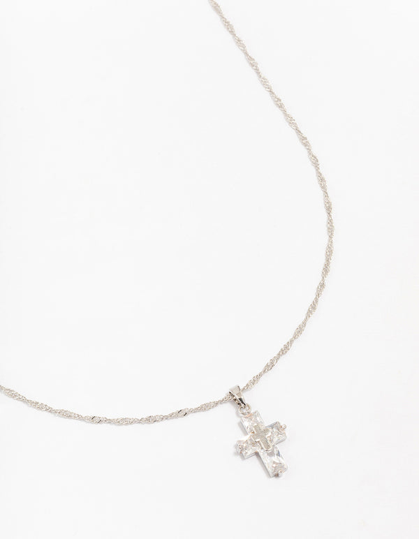 Silver Cubic Zirconia Diamante Double Cross Necklace