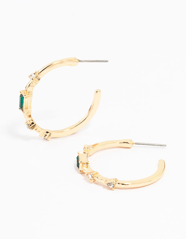 Gold Diamante Baguette Thin Hoop Earrings