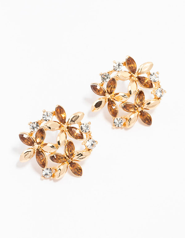 Gold Diamante Flower Cluster  Stud Earrings