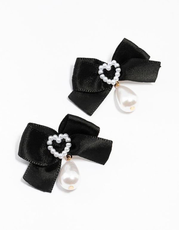 Black Fabric Pearl Heart Bow Stud Earrings