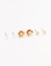 Gold Pearl Flower Stud Earrings 3-Pack - link has visual effect only