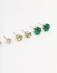 Gold Green Multi Diamante Stud Earrings 3-Pack - link has visual effect only