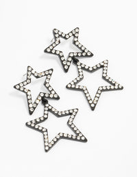 Gunmetal Diamante Double Star Drop Earrings - link has visual effect only