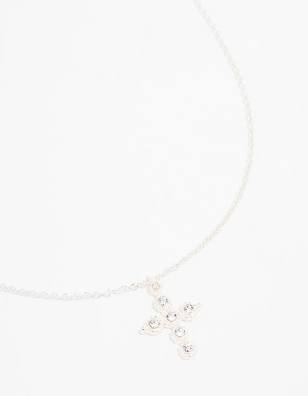 Silver Plated Diamante Round Cross Necklace