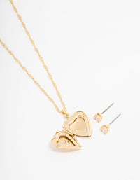 Gold Plated Cubic Zirconia Heart Locket Necklace & Stud Earrings Set - link has visual effect only