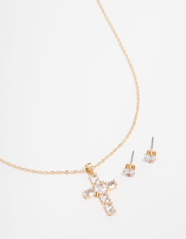 Gold Plated Cubic Zirconia Square Cross Necklace & Stud Earrings Set