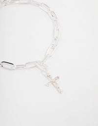 Silver Plated Cross Charm Chain Bracelet - link has visual effect only