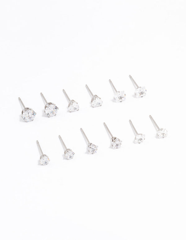 Waterproof Stainless Steel Cubic Zirconia Stud Earrings 6-Pack