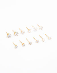 Waterproof Gold Plated Stainless Steel Cubic Zirconia Stud Earrings 6-Pack - link has visual effect only