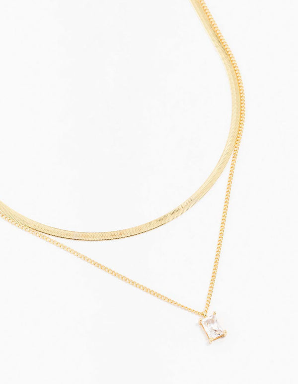 Gold Plated Baguette Snake Pendant Layered Necklace