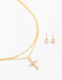 Gold Plated Cubic Zirconia Stud & Cross Necklace Set - link has visual effect only