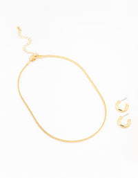 Gold Plated Round Hoop Earring & Herringbone Necklace Set - link has visual effect only