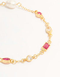 Gold Plated Pearl & Crystal Station Bracelet - link has visual effect only